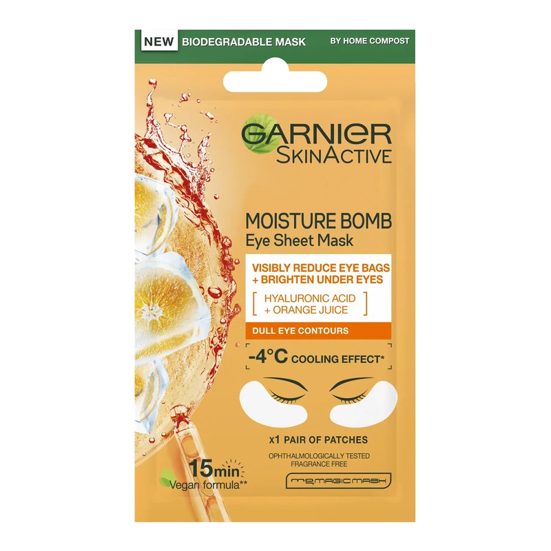 Garnier Moisture Bomb Orange Eye Mask, With Hyaluronic Acid And Orange Juice, Hydrating & Brightening Under Eye Mask, Reduce Appearance of Eye Bags, Vegan Tissue Mask, 6g