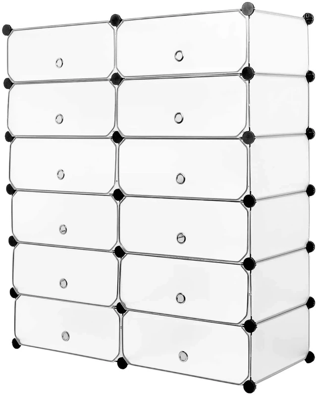 Mondeer Shoe Rack Standing Shoe Storage Shelf Shoe Organiser with Dustproof Cover (White, 91 x 36 x 105 cm, 12 Cubes, Modern Style, Entryway)