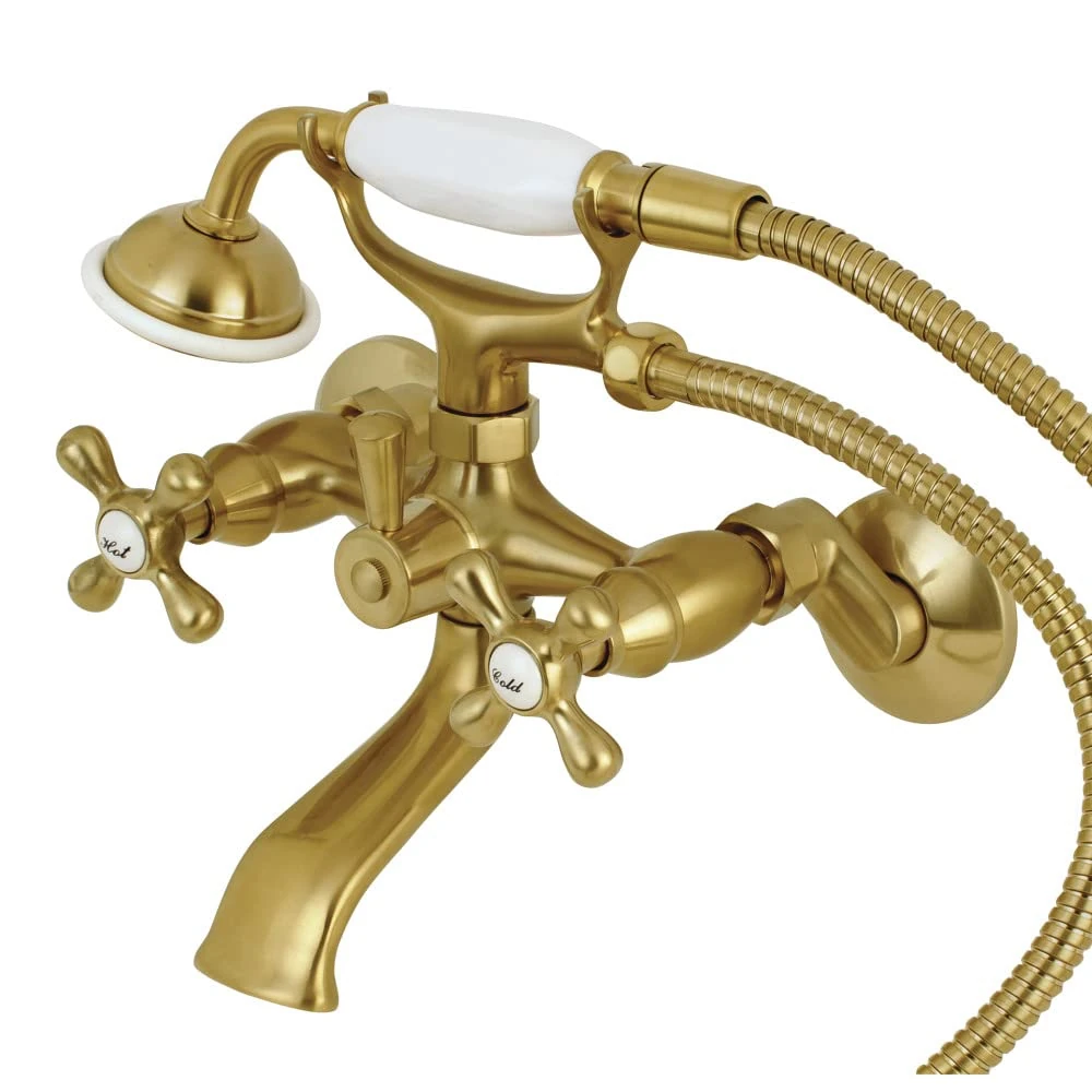 Kingston Brass KS265SB 6-Inch Adjustable Center Wall Mount Tub Filler with Hand Shower, Satin Brass, 4-5/8" x 4-5/16" (L) x 6-9/16" (W) x 7-5/16" (H)