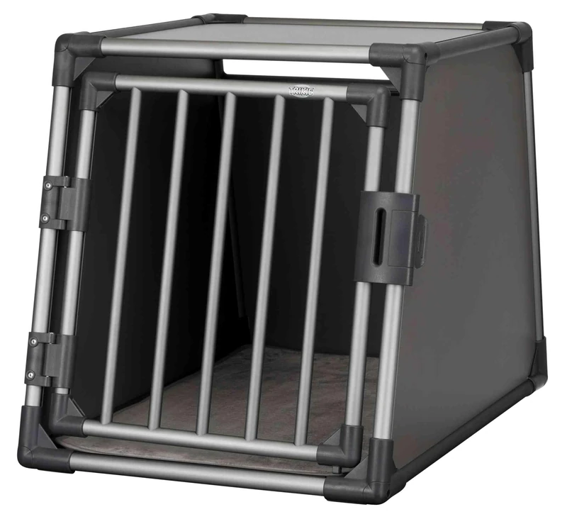 TRIXIE aluminium dog transport crate in graphite – size M: 22 × 24 × 29 in, sturdy and low-noise dog crate with slanted sides, safety lock and non-slip lying mat – 39337