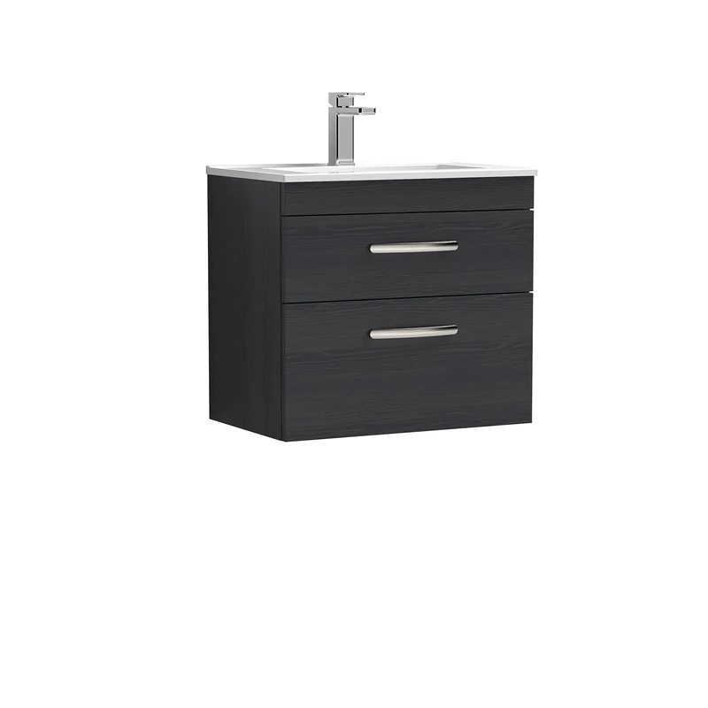 Nuie ATH047B Athena Modern Bathroom Wall Hung 2 Soft Close Drawer Vanity Unit with 1 Tap Hole Minimalist Ceramic Basin, 600mm, Charcoal Black
