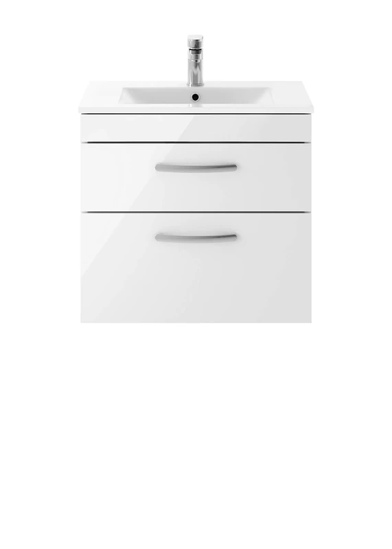 Nuie ATH048B Athena ǀ Modern Bathroom Wall Hung Contemporary Double Soft Close Drawer Vanity Unit with One Tap Hole Minimalist Slimline Profile Ceramic Basin, 600mm, Gloss White