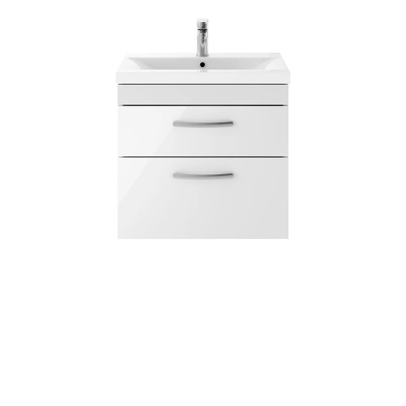 Nuie ATH048A Athena ǀ Modern Bathroom Wall Hung Contemporary Double Soft Close Drawer Vanity Unit with One Tap Hole Mid Edge Deep Ceramic Basin, 600mm, Gloss White, Manufactured Wood