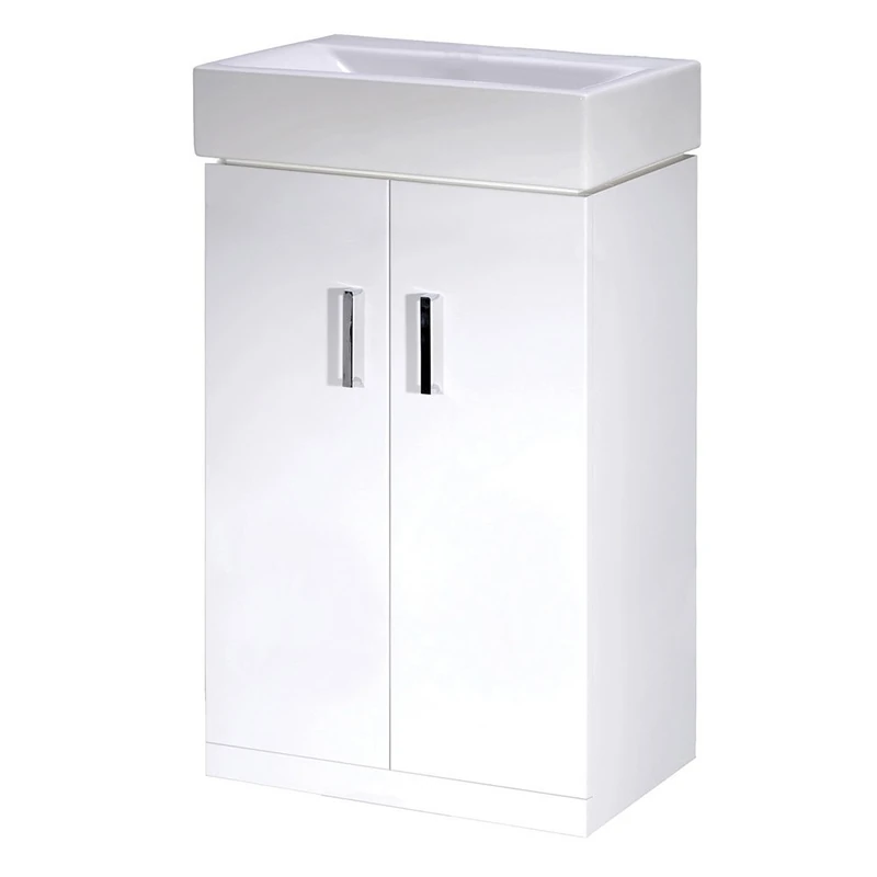 Nuie VTFW450 Mayford | Modern Cloakroom Bathroom Floor Standing 2 Soft Close Doors Vanity Basin Unit with 1 Tap Hole Square Ceramic Basin, 555mm x 800mm, Gloss White