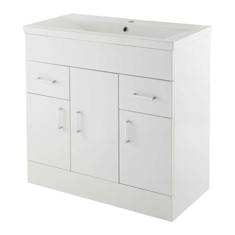 Nuie VTMW800E Eden | Modern Bathroom Storage Vanity Unit With 3 Doors and 1 Tap Hole Basin, 800mm x 810mm, Gloss White, 800mm
