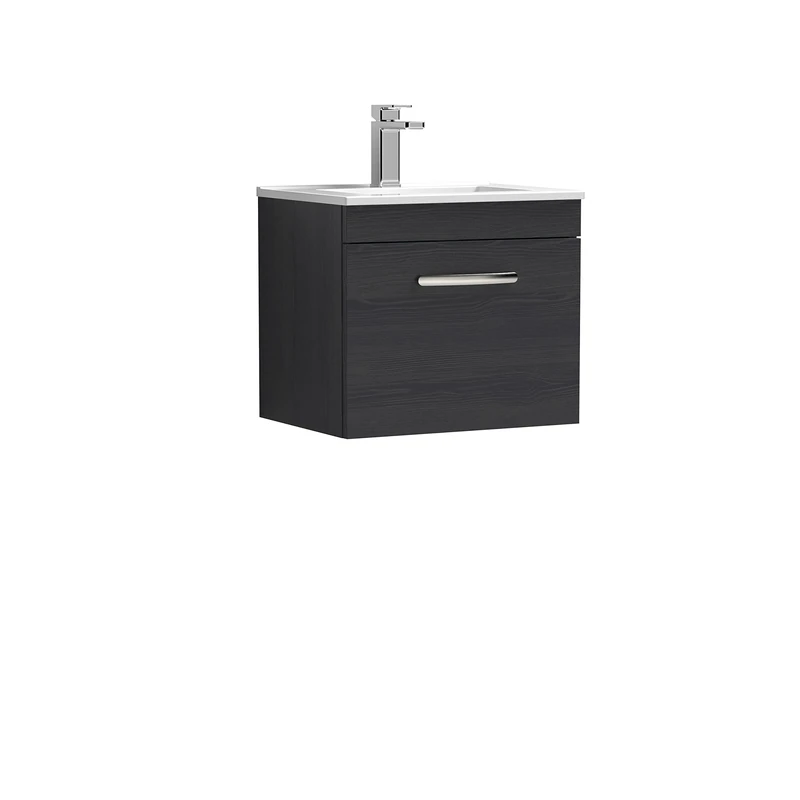 Nuie ATH012B Athena Modern Bathroom Wall Hung Single Soft Close Drawer Vanity Unit with 1 Tap Hole Minimalist Ceramic Basin, 500mm, Charcoal Black