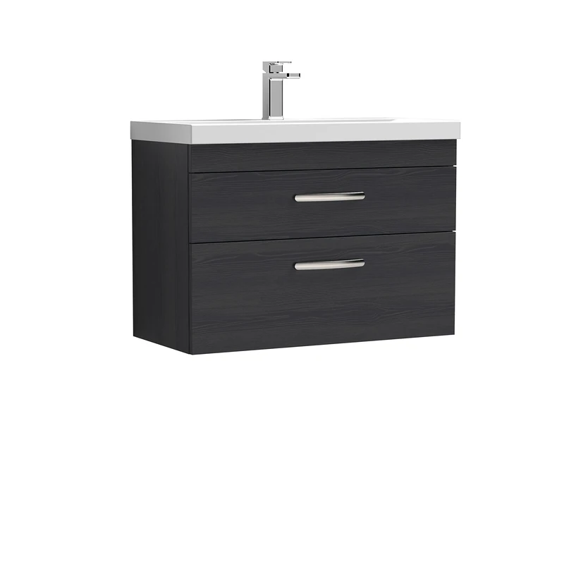 Nuie ATH068A Athena Modern Bathroom Wall Hung 2 Soft Close Drawer Vanity Unit with 1 Tap Hole Mid Edge Ceramic Basin, 800mm, Charcoal Black