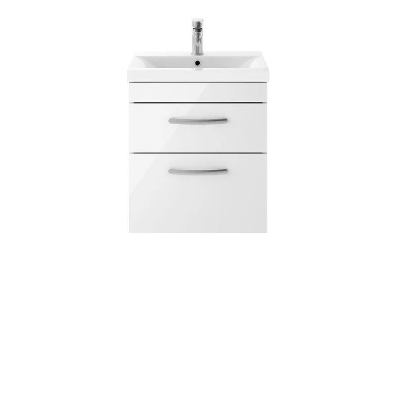 Nuie ATH020A Athena ǀ Modern Bathroom Wall Hung Contemporary Double Soft Close Drawer Vanity Unit with One Tap Hole Mid Edge Deep Ceramic Basin, 500mm, Gloss White