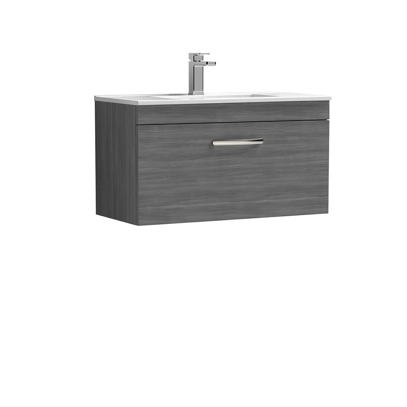 Nuie ATH060B Athena Modern Bathroom Wall Hung Single Soft Close Drawer Vanity Unit with 1 Tap Hole Minimalist Ceramic Basin, 800mm, Anthracite