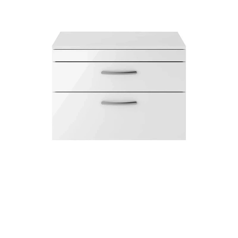 Nuie Modern Bathroom Wall Hung Cabinet & Work Top with 2 Soft Close Drawer, 800mm, Manufactured Wood, Gloss White