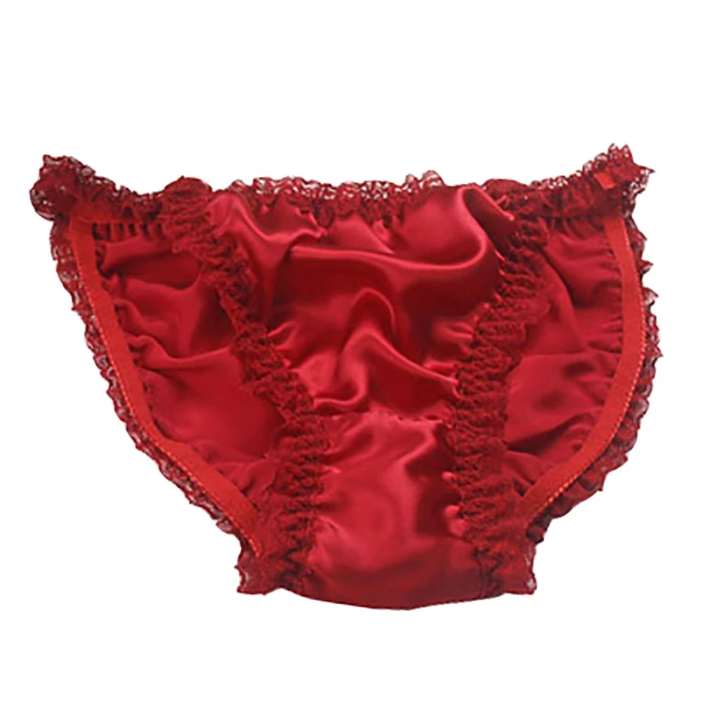 LSHARON Women's Sexy 100% Mulberry Silk Lingerie Underwear Lace Thong Briefs Panties (L(Tag 2XL), Red)