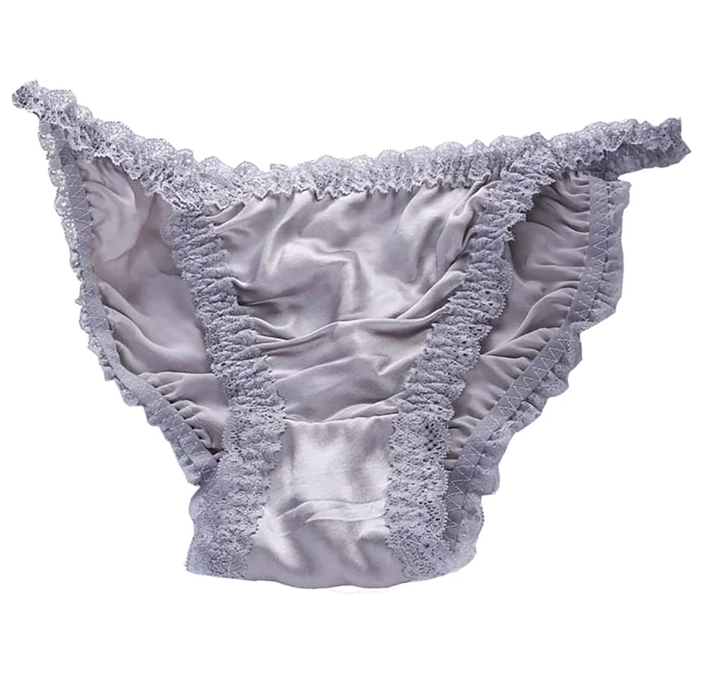 LSHARON Women's Sexy 100% Mulberry Silk Lingerie Underwear Lace Thong Briefs Panties (L(Tag 2XL), Grey)