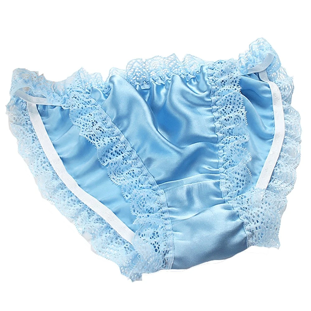 LSHARON Women's Sexy 100% Mulberry Silk Lingerie Underwear Lace Thong Briefs Panties (L(Tag 2XL), Blue)