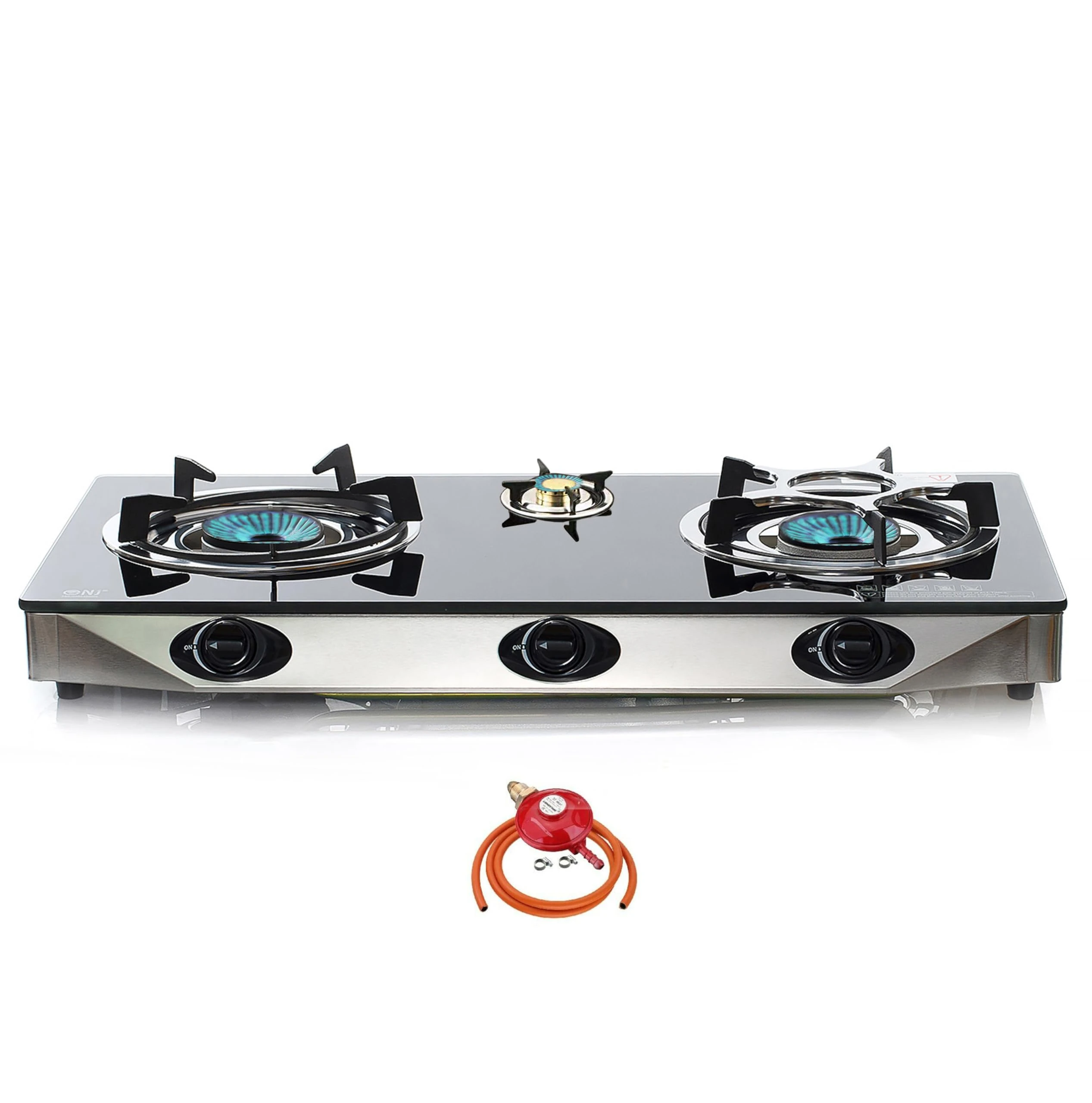 NJ NGB-S3 Indoor Gas Stove 3 burners Cooker Black Glass Hob LPG 7.8kW Regulator Set (Propane 37mbar Screw-on)
