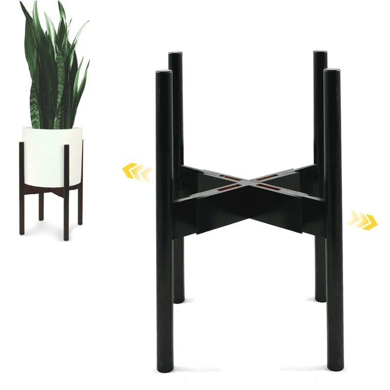 Fox & Fern Mid-Century Modern Plant Stand - Adjustable Width 20cm up to 30cm - Dark Bamboo - EXCLUDING White Ceramic Planter Pot