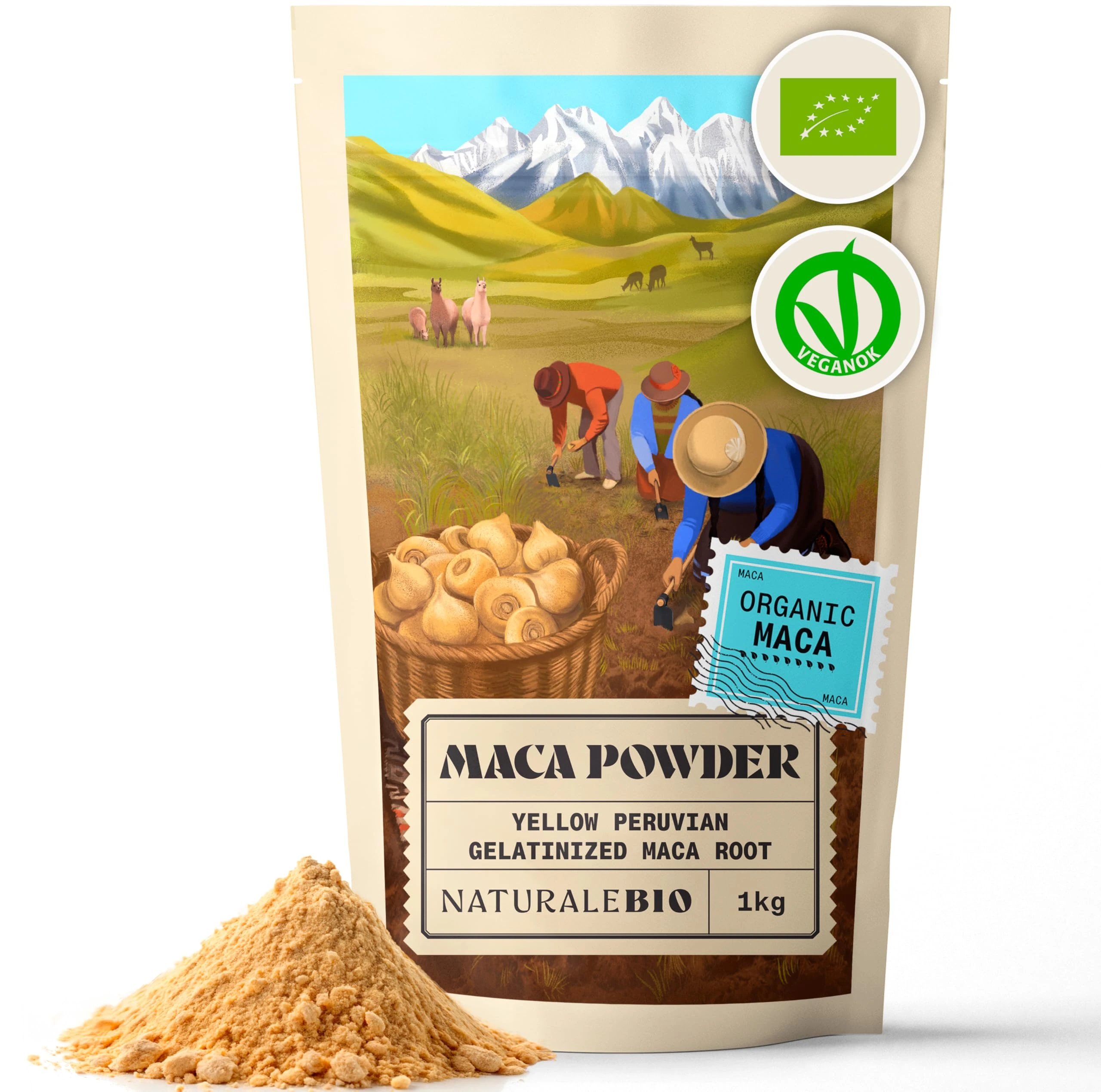 NaturaleBio Organic Maca Powder 1kg. Peruvian, Natural and Pure, from Organic Maca Root. Vegetarian and Vegan Friendly - Gelatinised