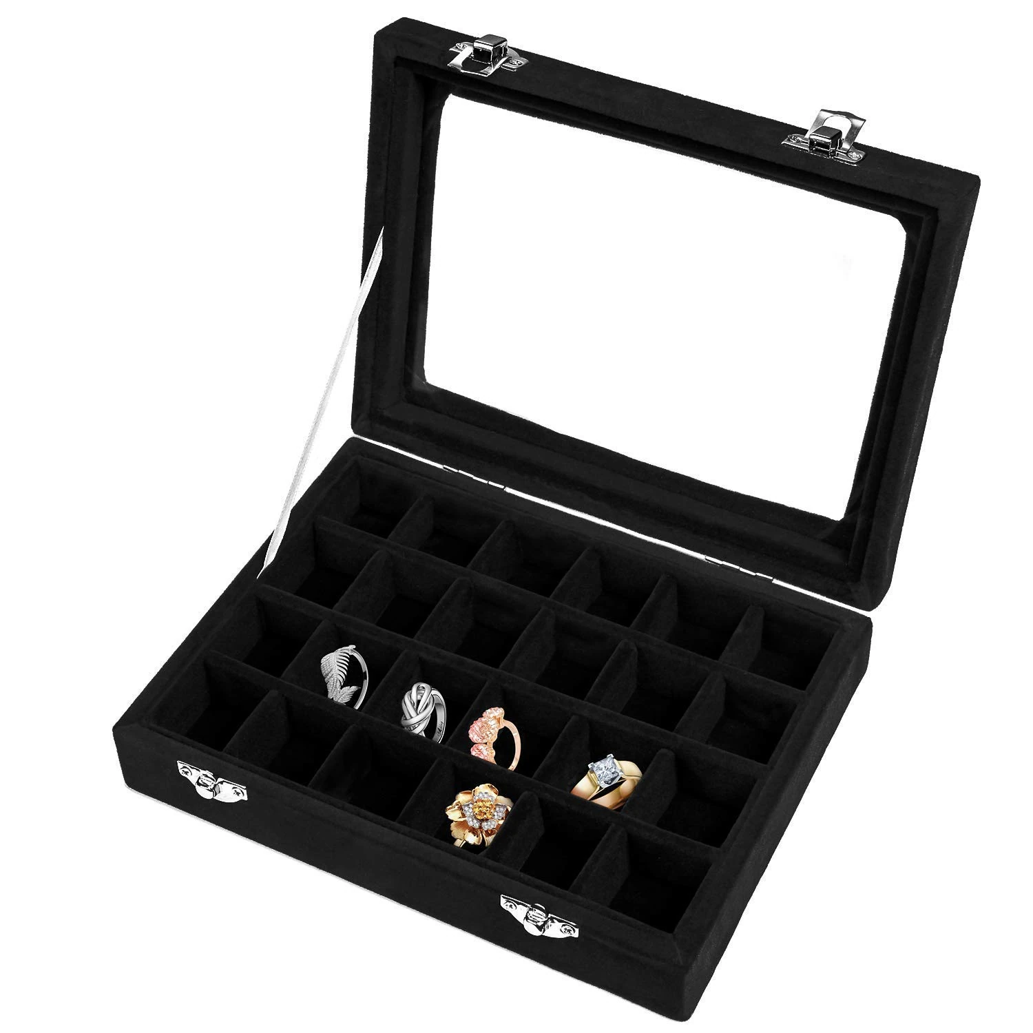 BASUWELL 24 Grid Velvet Jewelry Tray for Drawers Glass Clear Lid Showcase Display Storage Ring Trays Holder Earrings Organizer Case-Black