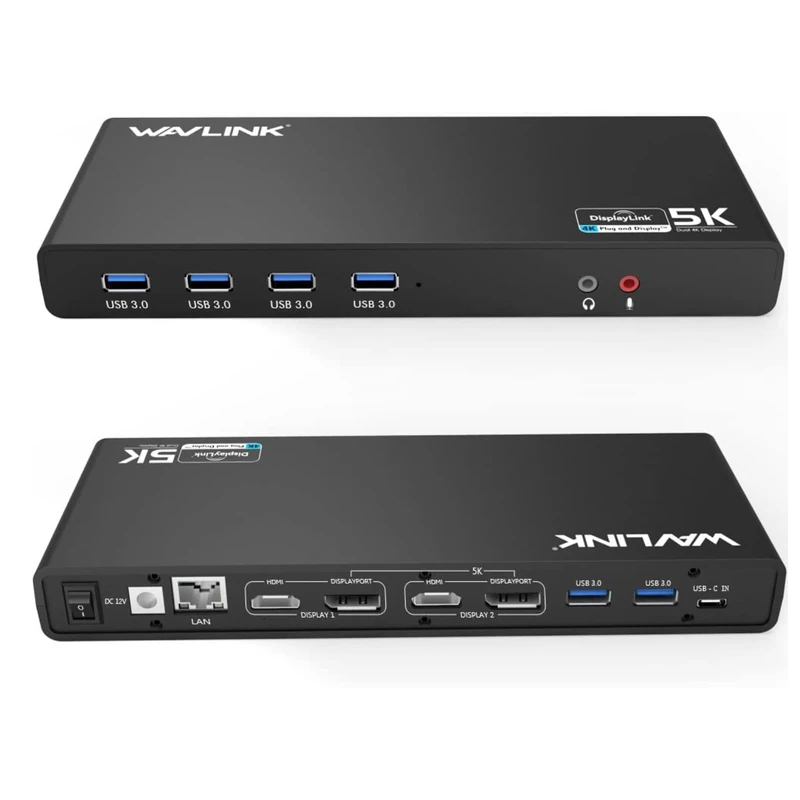 WAVLINK USB 3.0 Universal Laptop Docking Station,USB C to 5K/ Dual 4K @60Hz Video Outputs Dual Monitor for Windows and Mac,(2 HDMI & 2 DP, Gigabit Ethernet, 6 USB 3.0,Audio)
