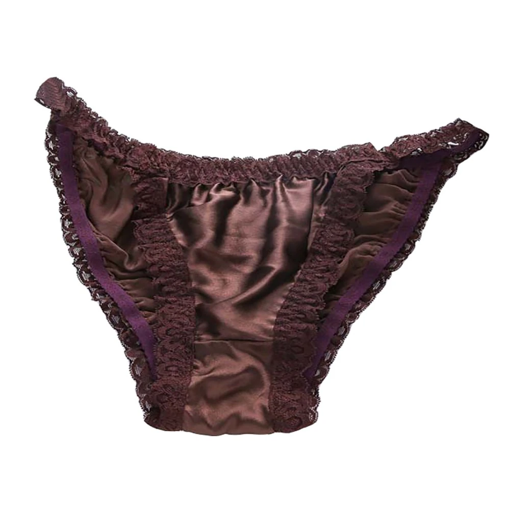 LSHARON Women's Sexy 100% Mulberry Silk Lingerie Underwear Lace Thong Briefs Panties (L(Tag 2XL), Coffee)