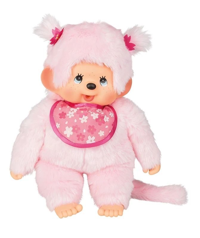 Sekiguchi 242405 Original Monchhichi Girls' Cherry Blossom Plush Toy with Bib and Braids with Flowers, Approx. 45 cm Large Cuddly Toy Made of Pink Plush
