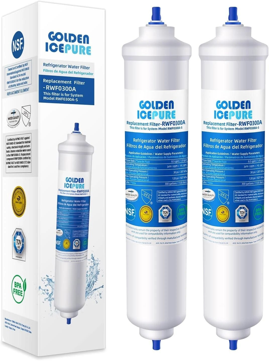 GOLDEN ICEPURE Refrigerator Water Filter Compatible with Samsung DA29-10105J, DA29-10105J HAFEX/EXP, DA99-02131B, WSF-100, EF9603, HAIER LG Inline Refrigerator, 2 Pieces