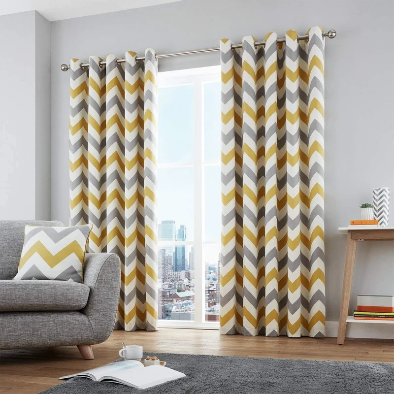 Fusion Chevron - 100 Pair of Eyelet, Cotton, Ochre, Curtains: 66 Width x 72 Drop (168 x 183cm)
