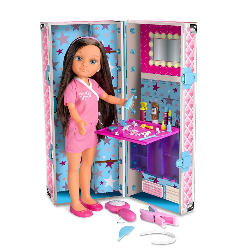Nancy - My Hairstyle case, Doll with Long Hair Brunette, Hairdressing Set with a Toy Iron and Glitter to Make Highlights in The Hair, Girl and boy 4 Years, Famous (700014265)
