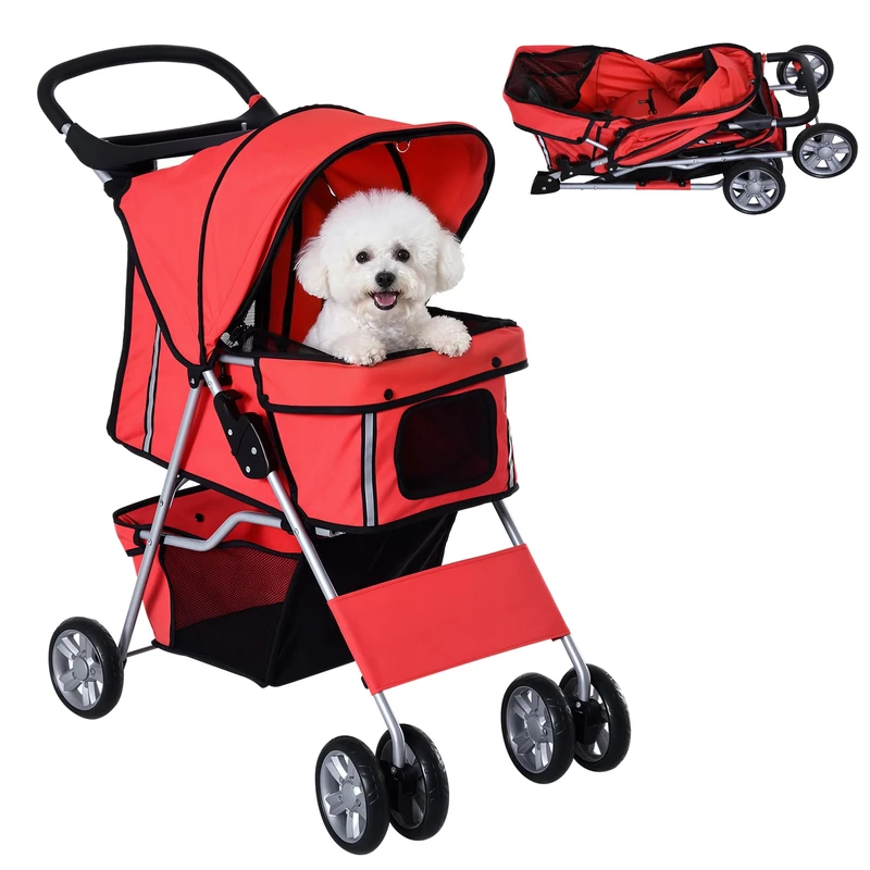 PawHut Pet Stroller for Small Miniature Dogs Cats Foldable Travel Carriage with Wheels Zipper Entry Cup Holder Storage Basket Red - Image 1