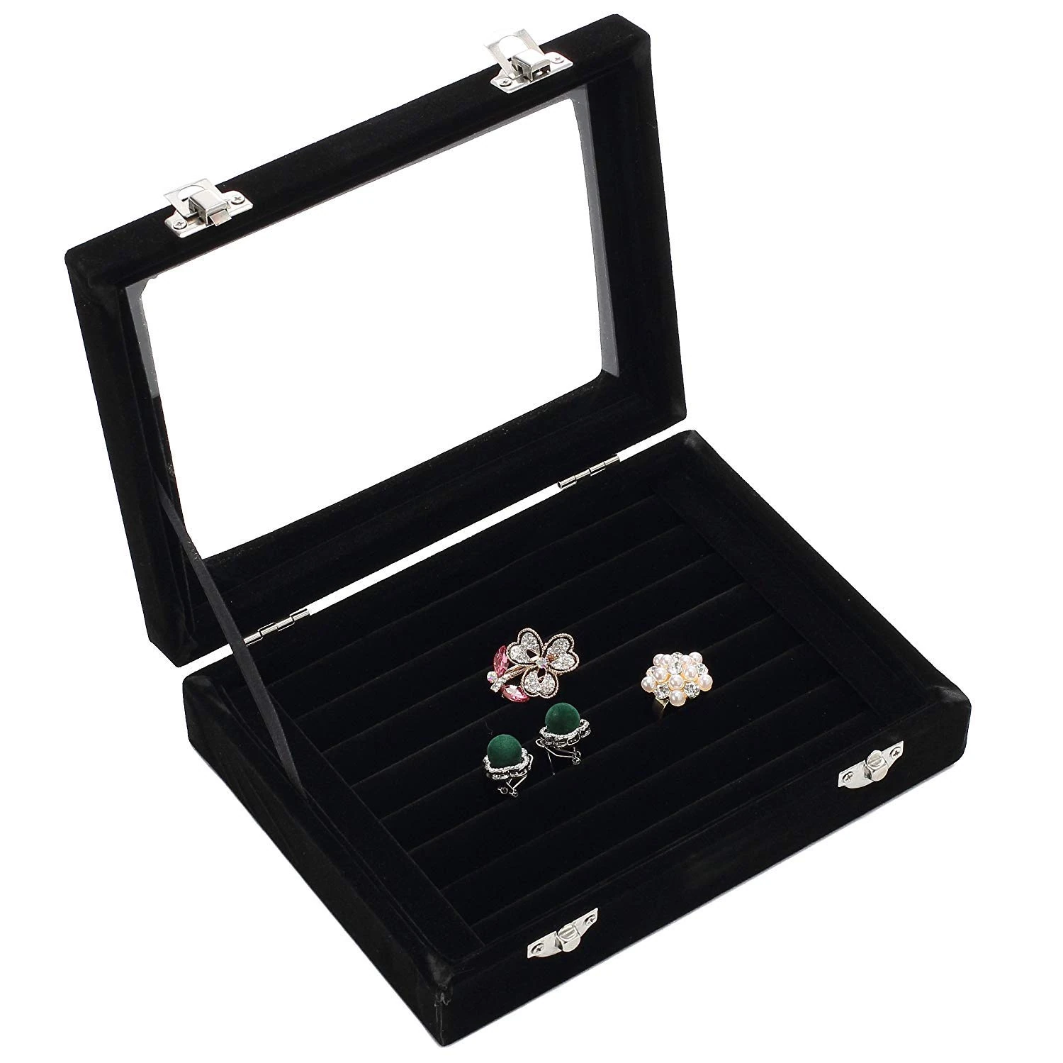 BASUWELL Earring Storage 7 Slots Velvet Jewelry Tray for Drawers Glass Clear Lid Showcase Display Ring Organizer Earring Ring Trays Holder Cufflink Showcase-Black