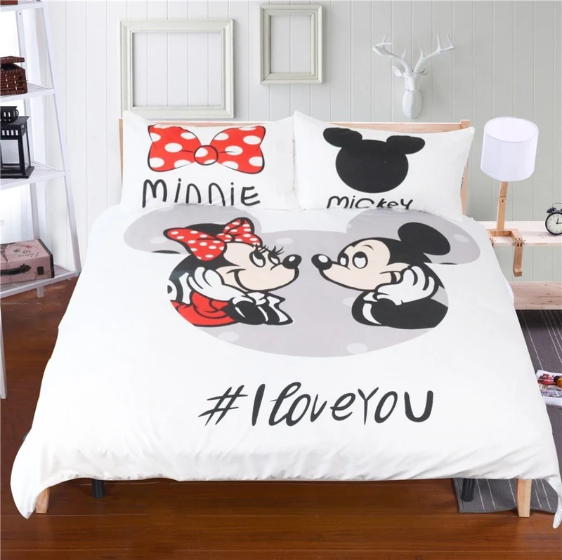 Haru Homie Microfiber Reversible Printing Minnie&Mickey Couples Duvet Cover 3PCS Bedding Set with Zipper Closure - Ultra Soft Lightweight and Easy Care, King