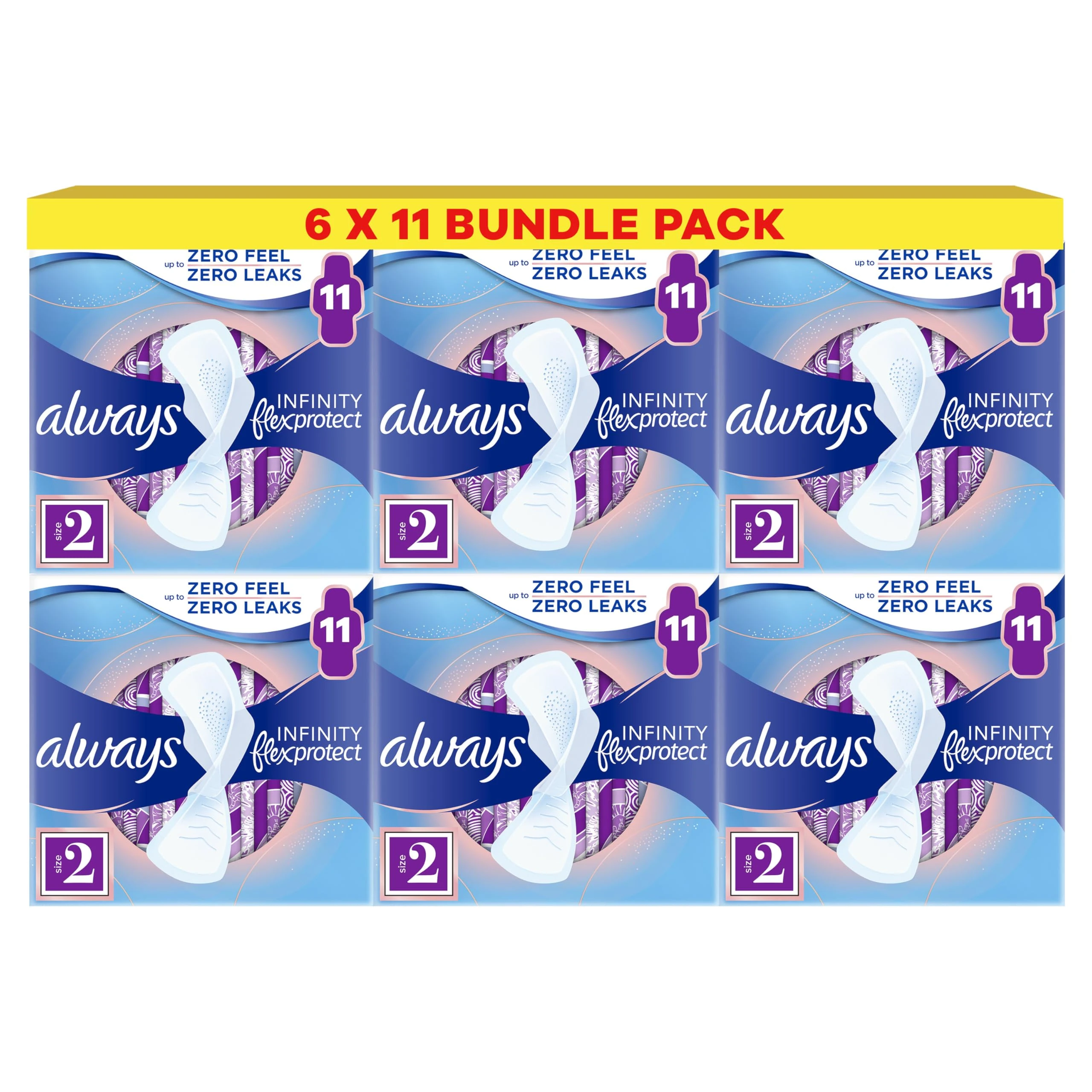 Always Infinity FlexProtect Sanitary Towels, Size 2 Long, 6 Packs of 11 Count, Unscented, for up to Zero Feel & Zero Leaks, Super Absorbent & Flexible Protection