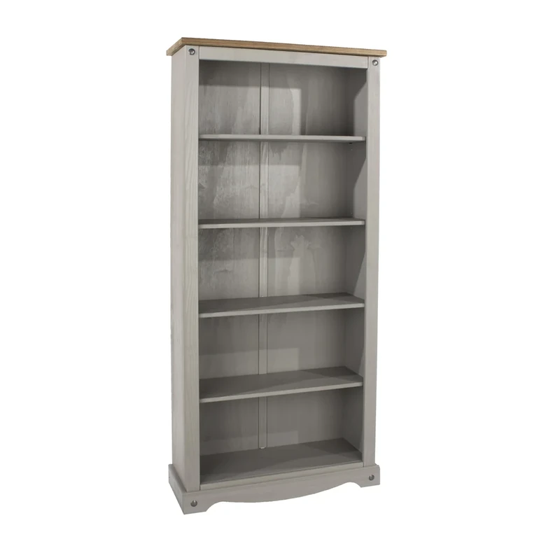 Home Source Solid Pine Wood Large Tall Bookcase, 5 Book Shelves, Grey