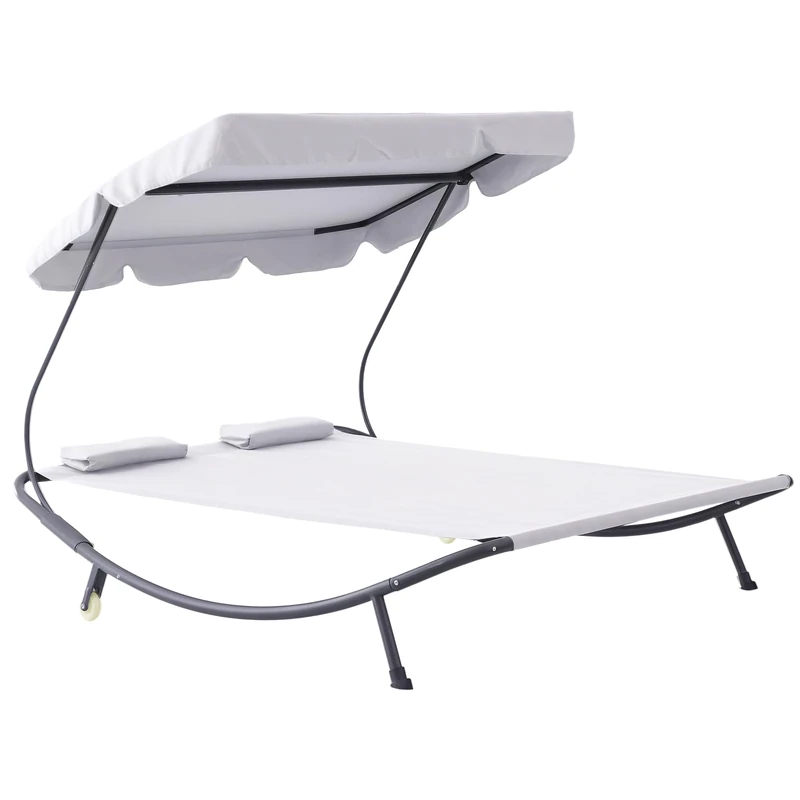 Outsunny Double Sun Lounger with Adjustable Detachable Canopy, Portable Garden Daybed for 2 with Wheels, Outdoor Sunbed Hammock with 2 Pillows, 220 KG Max. Load, White