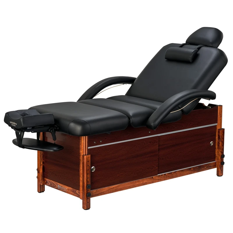Master Massage Cabrillo Deluxe Stationary Massage Table Spa Table Salon Couch Beauty Couch with Cabinet, Pneumatic Backrest and Leg Rest, 76 cm, Black with Walnut Legs