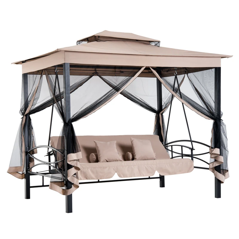 Outsunny 3 Seater Swing Chair Hammock Gazebo Patio Bench Cushioned Seat Mesh Curtains - Beige