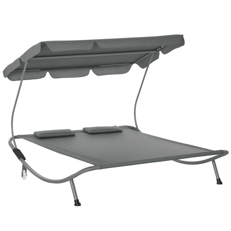 Outsunny Double Sun Lounger with Adjustable Detachable Canopy, Portable Garden Daybed for 2 with Wheels, Outdoor Sunbed Hammock with 2 Pillows, 220 KG Max. Load, Grey
