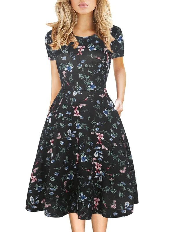 Women's Elegant Vintage Cotton Casual Floral Print Work Party A-Line Swing Dress with Pockets 162, Black-10, M
