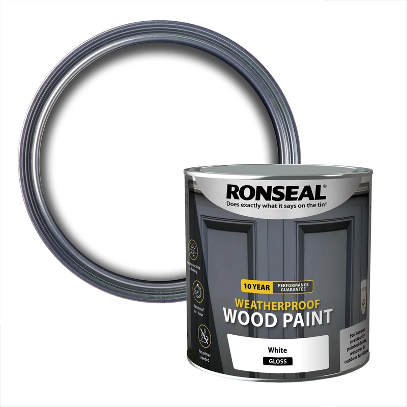 Ronseal 10 Year Weatherproof 2 in 1 Wood Paint White Gloss 2.5 Litre