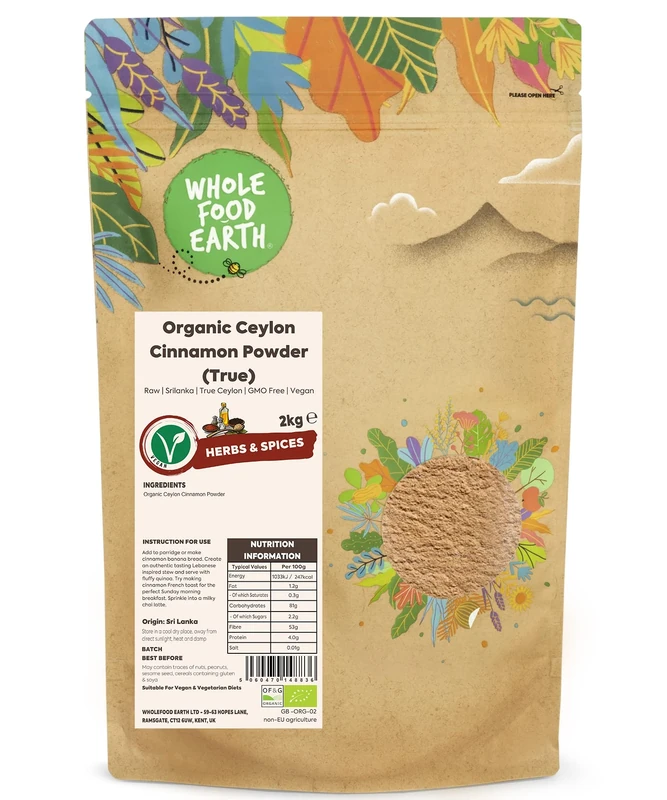 Wholefood Earth Organic Ceylon Cinnamon Powder (True) 2kg Raw | Srilanka | True Ceylon | GMO Free | Vegan | Certified Organic