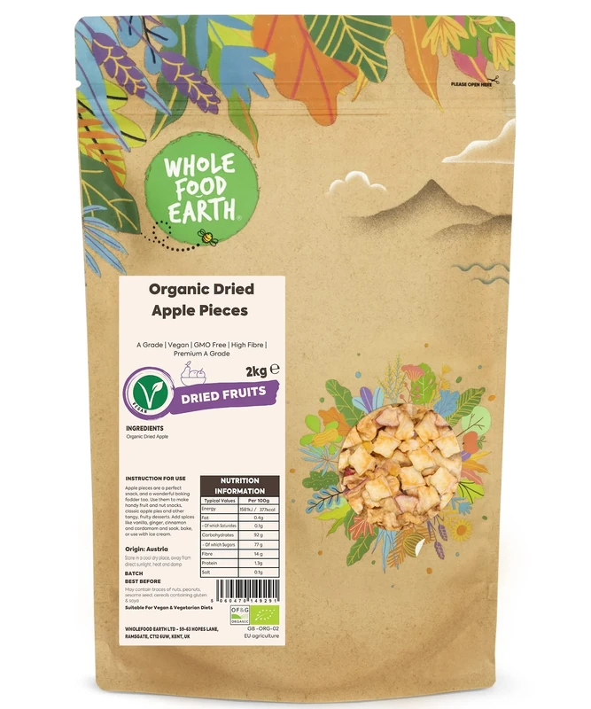 Wholefood Earth Organic Dried Apple Pieces – 2 kg | A Grade | Vegan | GMO Free | High Fibre | Certified Organic