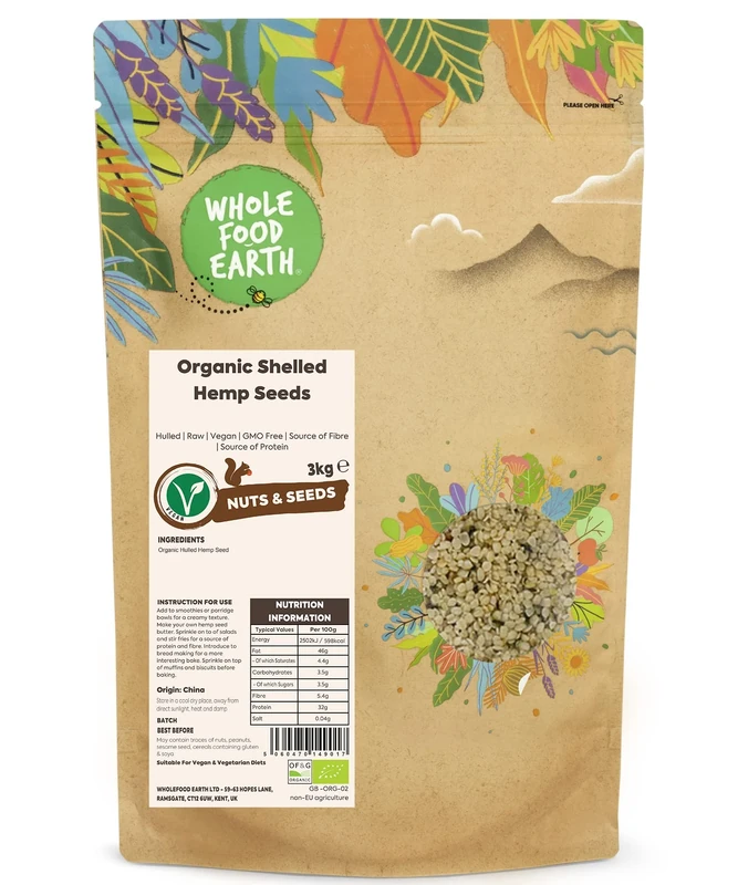 Wholefood Earth Organic Shelled Hemp Seeds – 3 kg | Hulled | Raw | Vegan | GMO Free | Source of Fibre | Source of Protein | Certified Organic