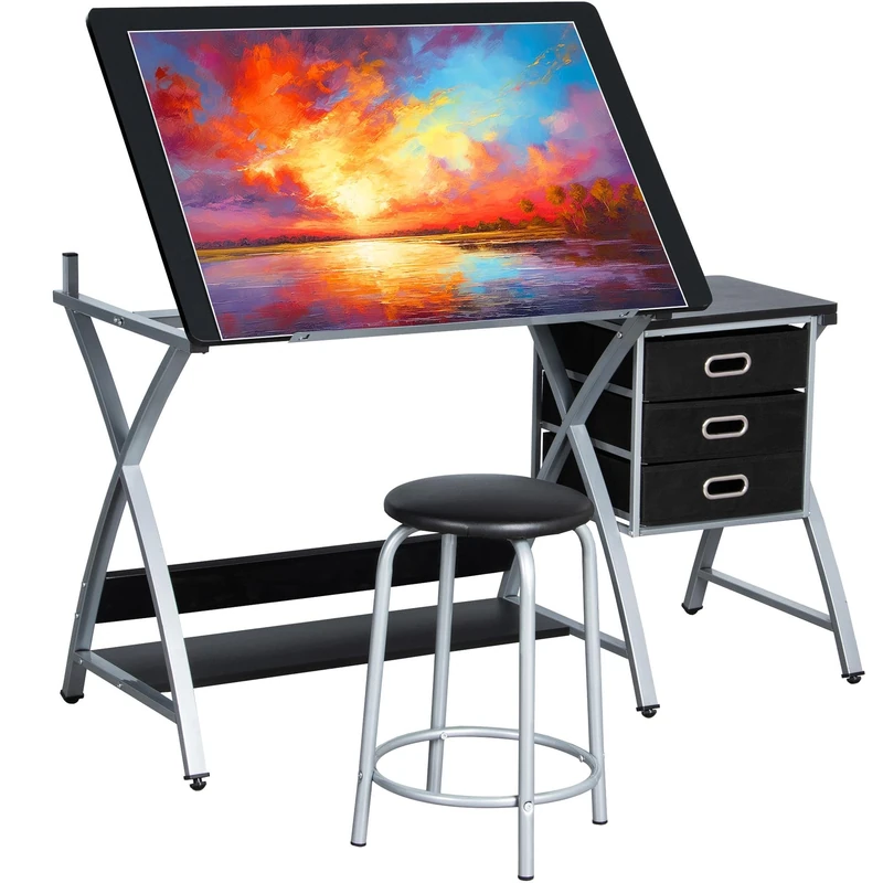 Yaheetech Adjustable Height Drawing Table, Artist Drafting Table with Tiltable Tabletop, Art Craft Desk for Artwork, Graphic Design, Reading