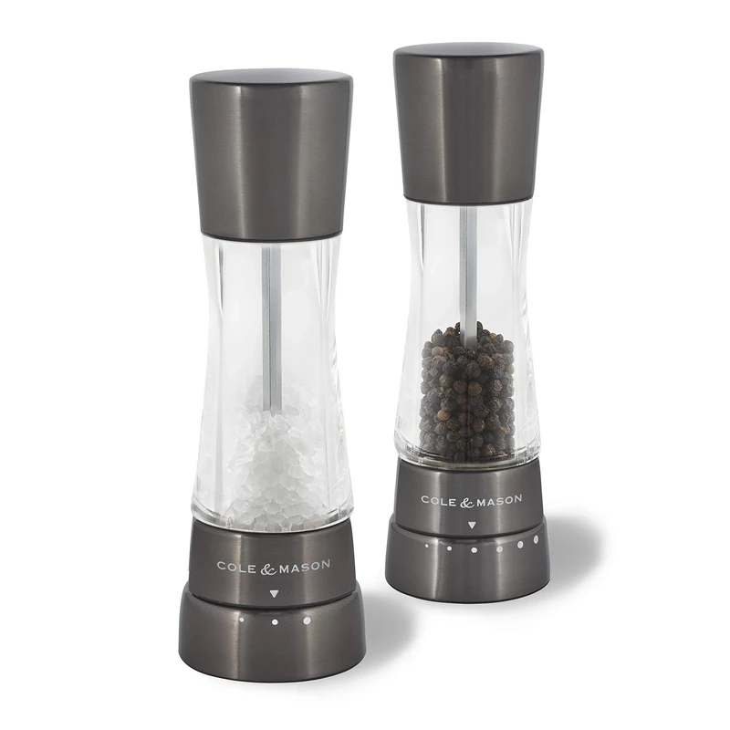 Cole & Mason Derwent Gunmetal Salt and Pepper Mills, Adjustable Grind Settings, Gourmet Precision+, Stainless Steel/Acrylic, 190 mm, Gift Set, Includes 2 x Salt and Pepper Grinders