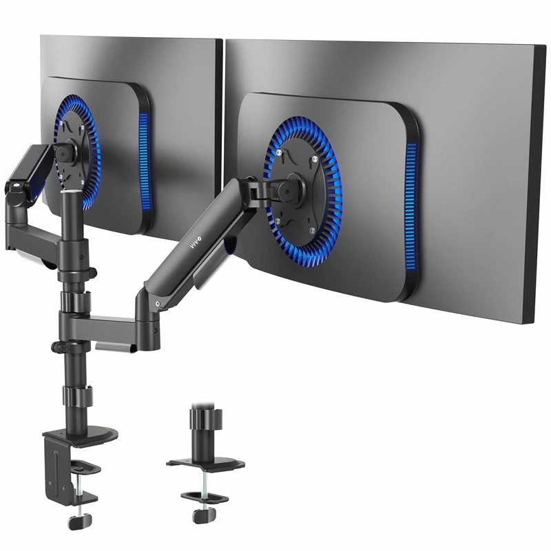 VIVO Dual Arm Mount for 17 to 32 inch Screens - Pneumatic Height Adjustment, Full Articulating Tilt, Swivel, Heavy Duty VESA Stand with Desk C-clamp and Grommet Option STAND-V002K