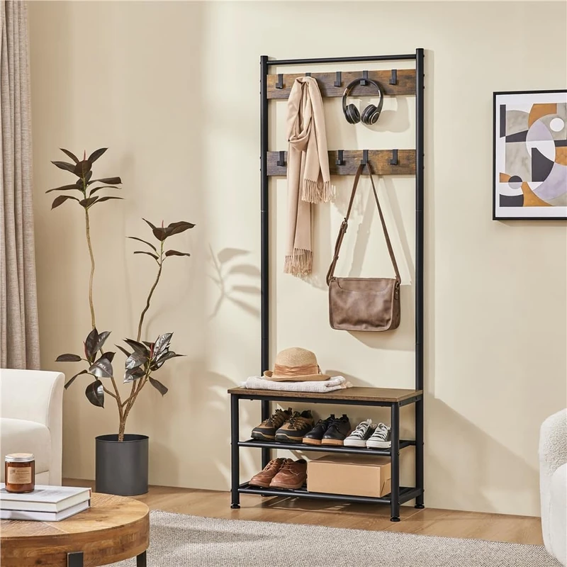 Yaheetech Coat Rack Stand, 185cm Height Coat Stand with Shoe Bench, Industrial Coat and Shoe Rack Storage for Hallway/Living Room, Rustic Brown - Image 1