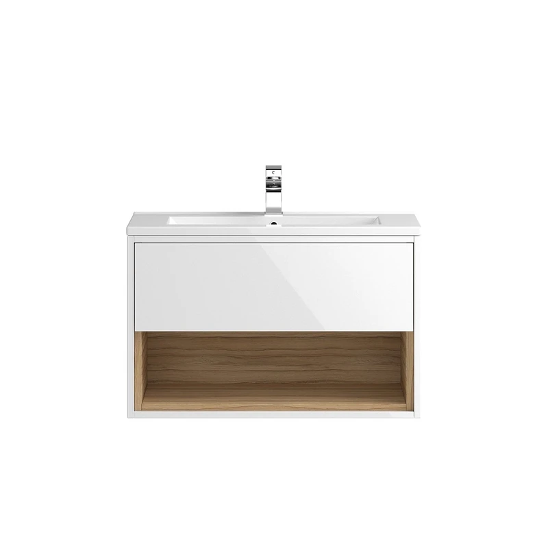 Hudson Reed CST988E Coast ǀ Modern Bathroom Push Door and Open Shelved Wall Hung Vanity Unit with 1 Tap Hole Mid Edge Basin, 800mm x 500mm x 390mm, Gloss White, 800mm