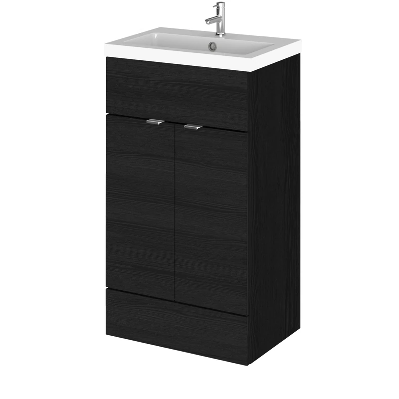 Hudson Reed CBI624 Fusion Modern Bathroom Floor Standing 2 Door Vanity Unit and Polymarble Basin, 904 x 505 x 360mm, Woodgrain Charcoal Black