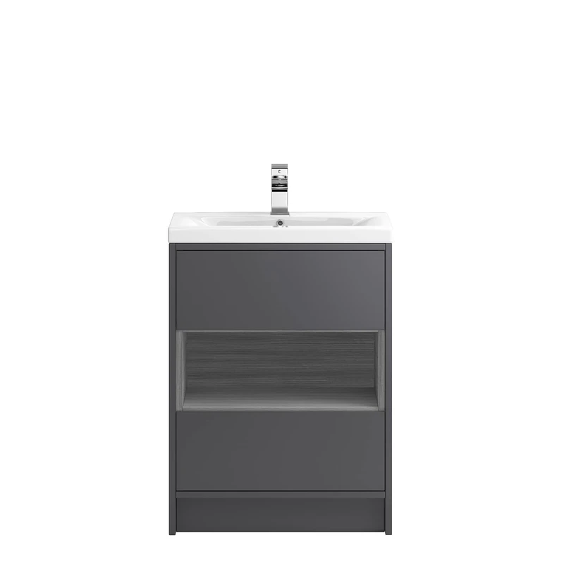 Hudson Reed CST876E Coast Modern Bathroom Floor Standing Vanity Unit with Mid-Edge Ceramic Basin, 2 Drawer 1 Open Shelf Unit, 600mm, Gloss Grey/Anthracite