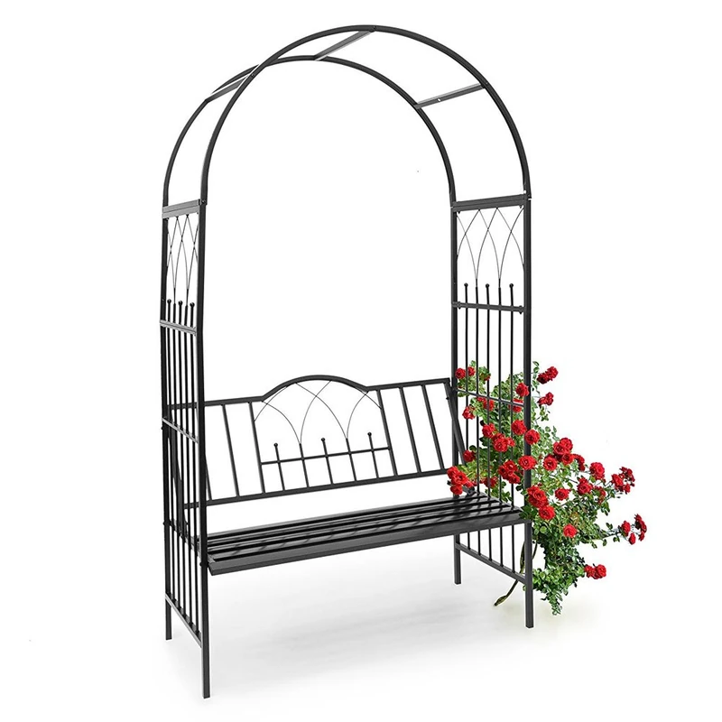 BAKAJI Metal Garden Bench for Climbing Plants 2 Seater for Climbing Plants Rose and Plant Trellis Black (115 x 59 x 203 cm) - Image 1