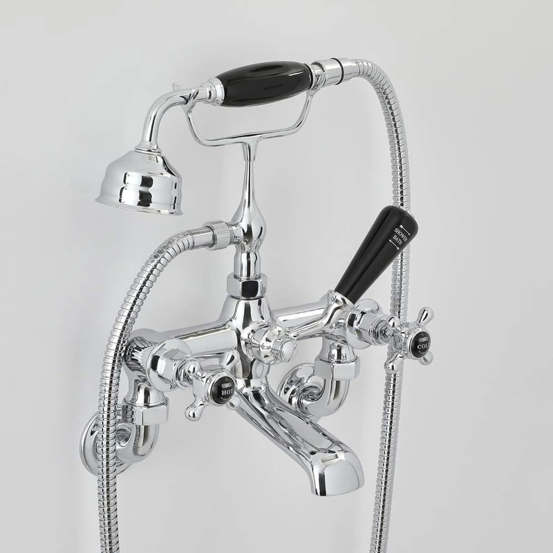 Old London BC404HXWM Topaz | Traditional Bathroom Wall Mounted Bath Shower Mixer with Shower Kit, Crosshead Handles and Hexagonal Collars, 320mm x 350mm, Chrome/Black